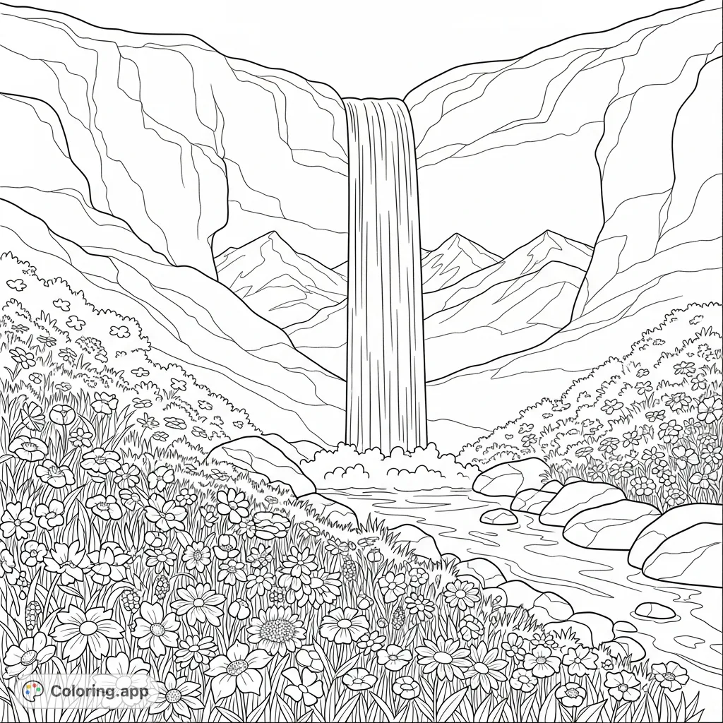 Discover a serene alpine meadow. A tall, thin waterfall cascades into a field of diverse wildflowers, framed by majestic mountain peaks and smooth rocks.