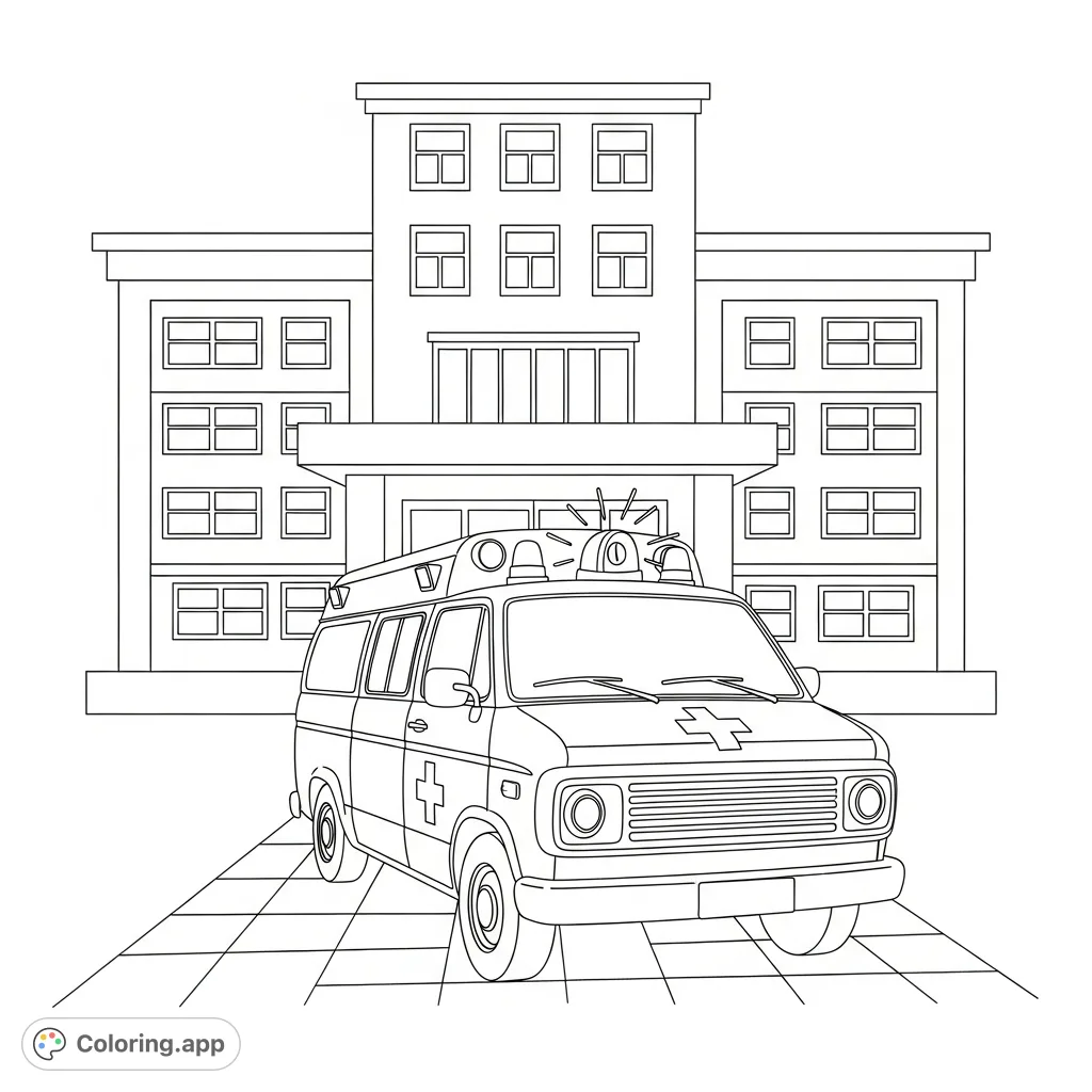 A detailed coloring page depicting a van-style ambulance parked at a hospital entrance, featuring emergency lights and a simplified hospital silhouette.