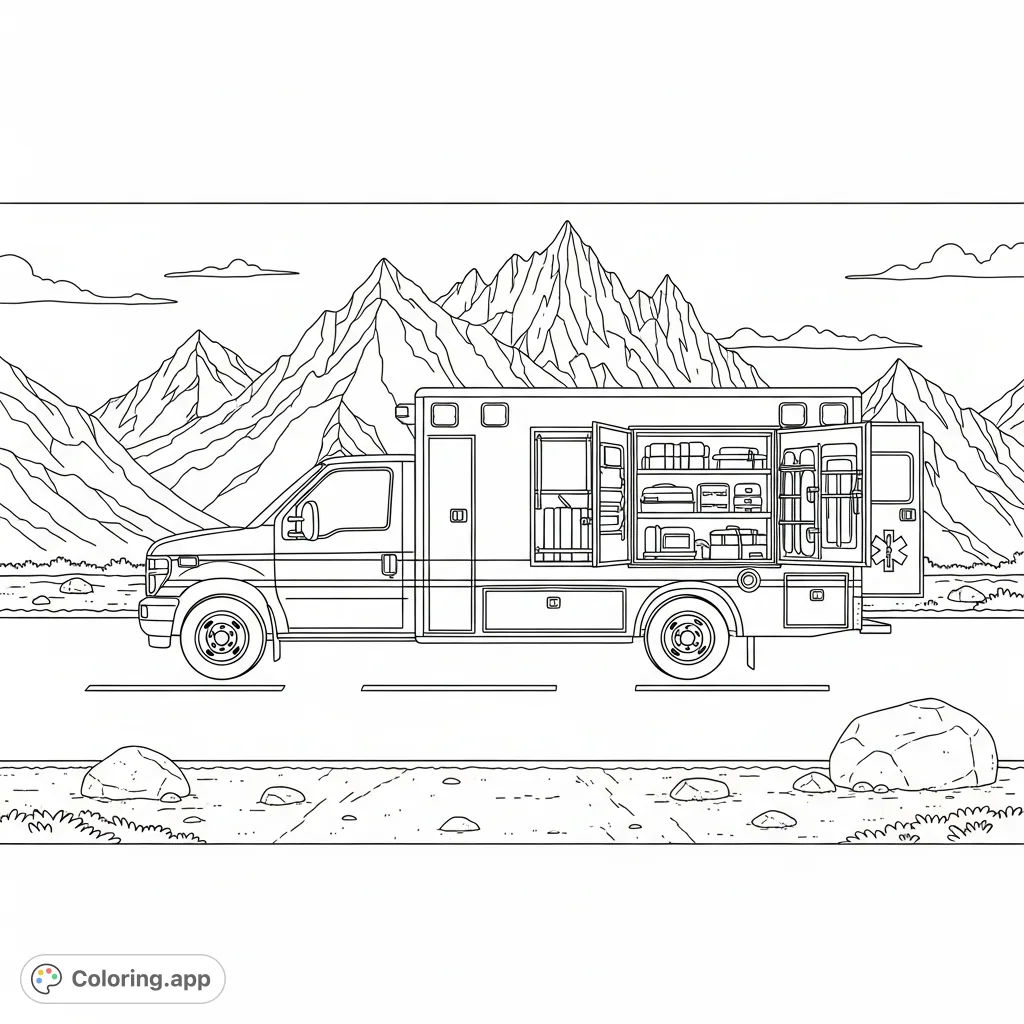 A detailed ambulance with an extended side panel is parked on a quiet road, set against a backdrop of towering mountains and a serene landscape.