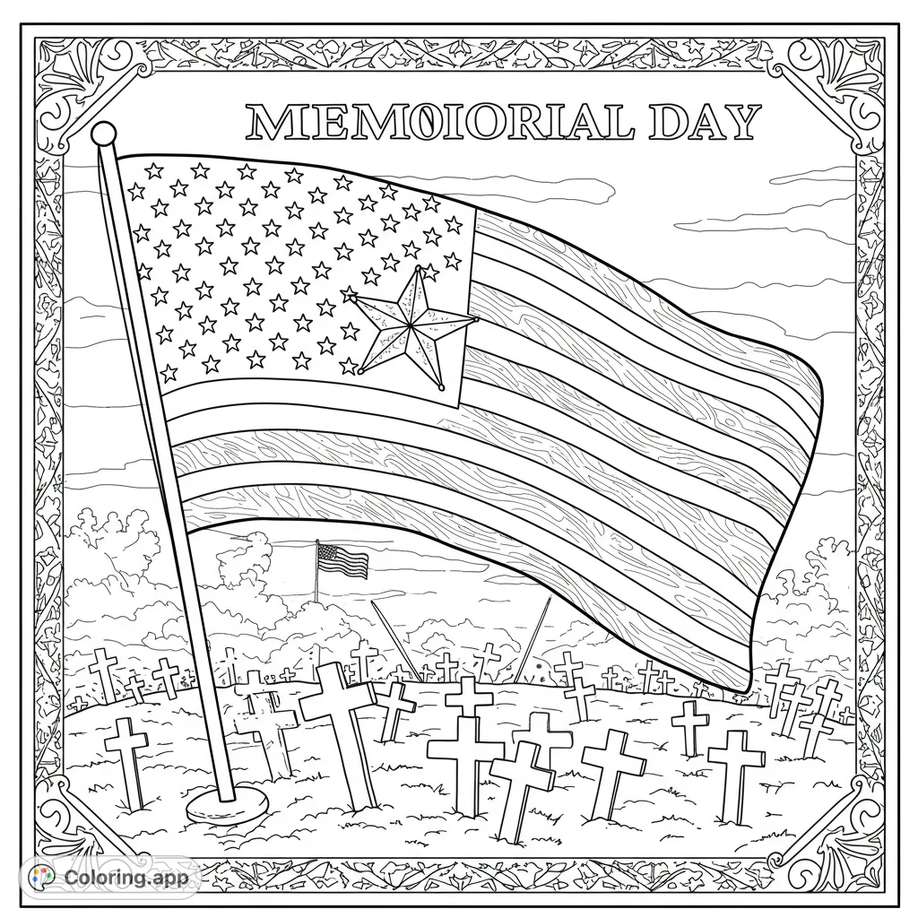 A solemn Memorial Day coloring page featuring a large American flag waving over a cemetery filled with cross gravestones, perfect for patriotic reflection.