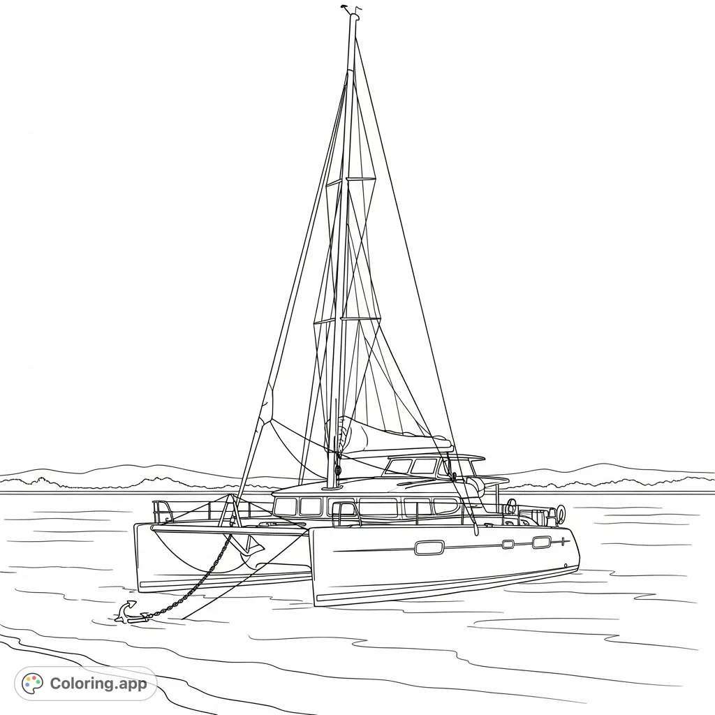 A serene catamaran rests anchored near a tranquil shore, sails furled, with gentle waves lapping. A peaceful maritime scene for coloring.