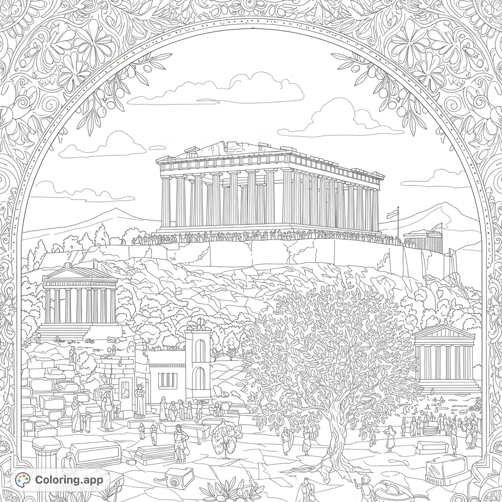 Explore the majestic ancient Acropolis with the Parthenon, intricate ruins, and a detailed decorative border. A free printable historical coloring page.