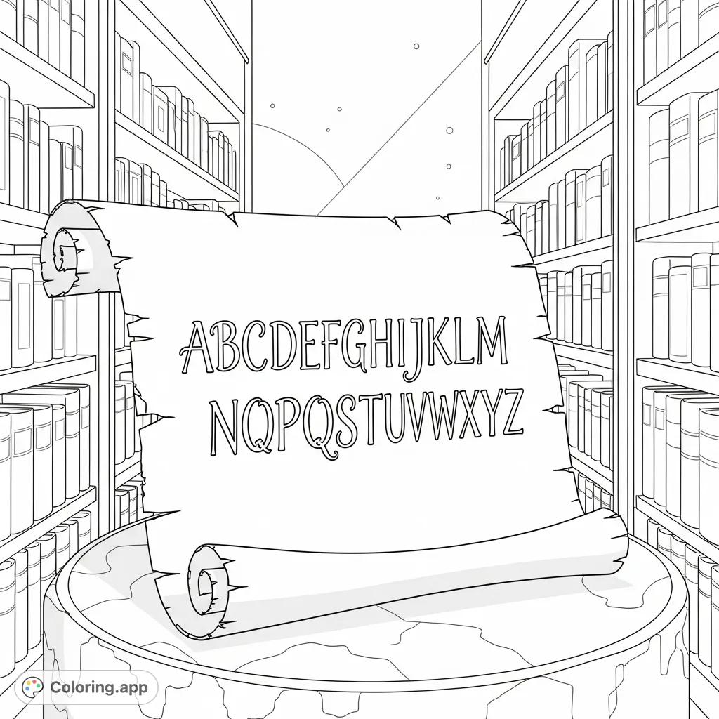 An intricate coloring page featuring an ancient unfurled parchment scroll displaying the alphabet, set within a forgotten library filled with leather-bound books. Perfect for detail-oriented colorists.