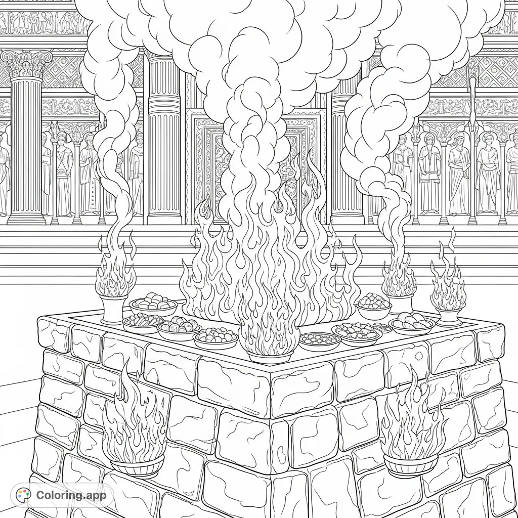 A detailed altar of burnt offering with fiercely burning fire, smoke rising, and fresh sacrifices, set against the intricately carved Temple facade. Perfect for reflection and intricate coloring.