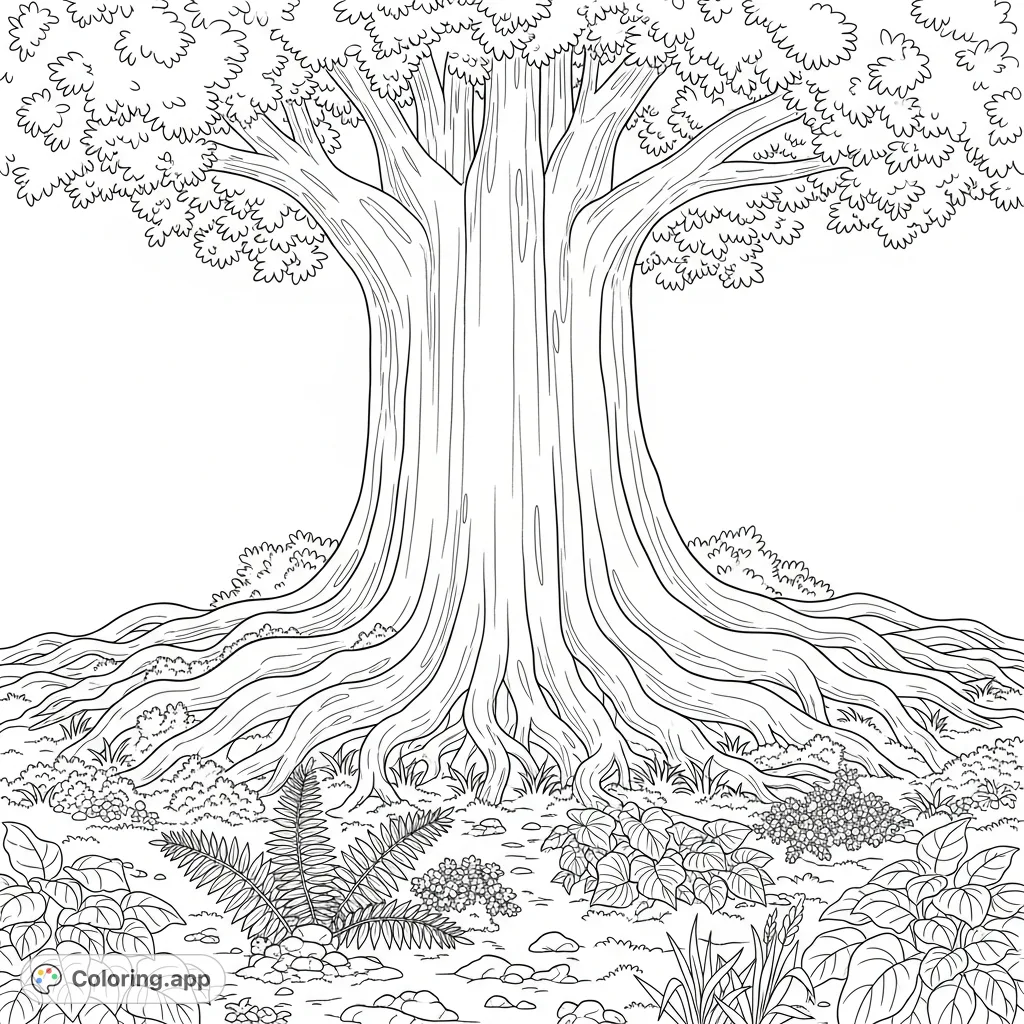 A magnificent ancient tree with prominent buttress roots spreading across a forest floor filled with diverse smaller plants and lush foliage above.