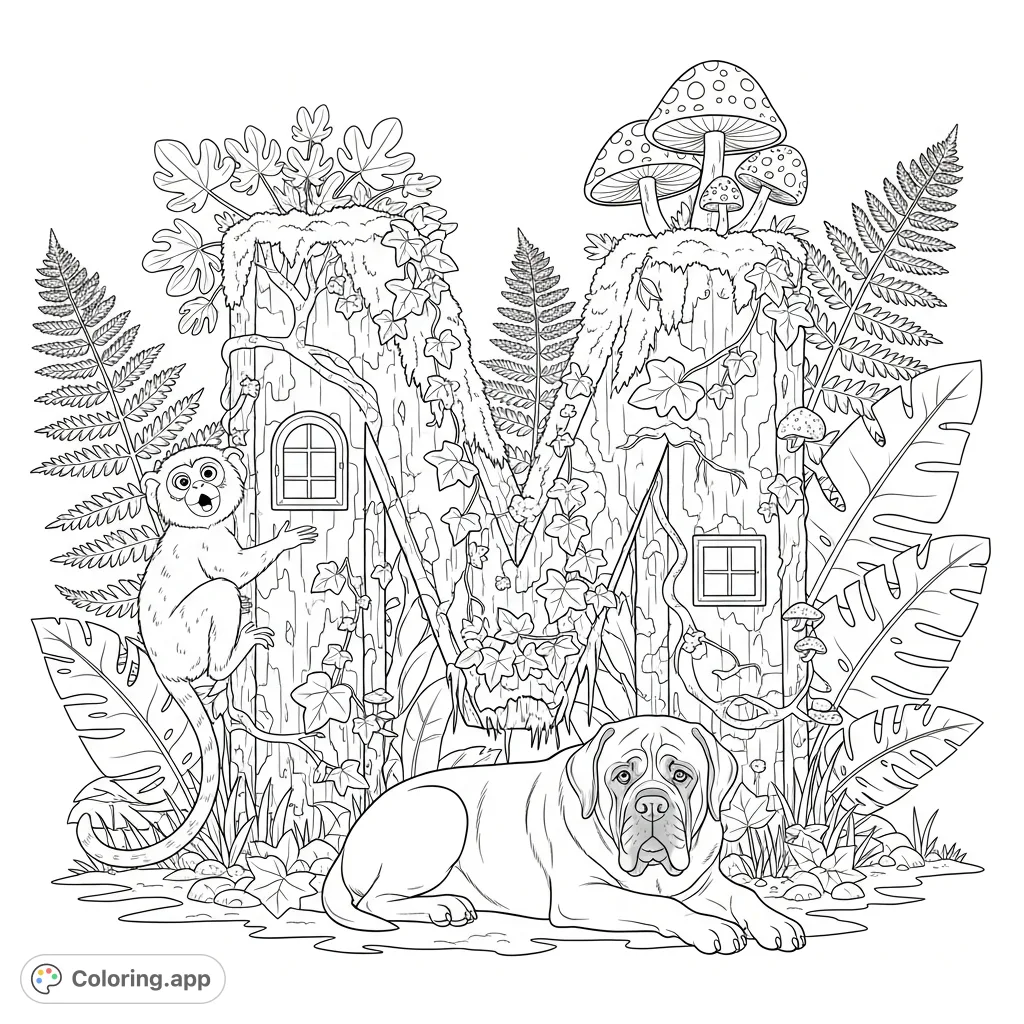 An ancient capital letter M, overgrown with ivy and moss, serves as a habitat for a curious marmoset and a resting mastiff in a tropical forest.