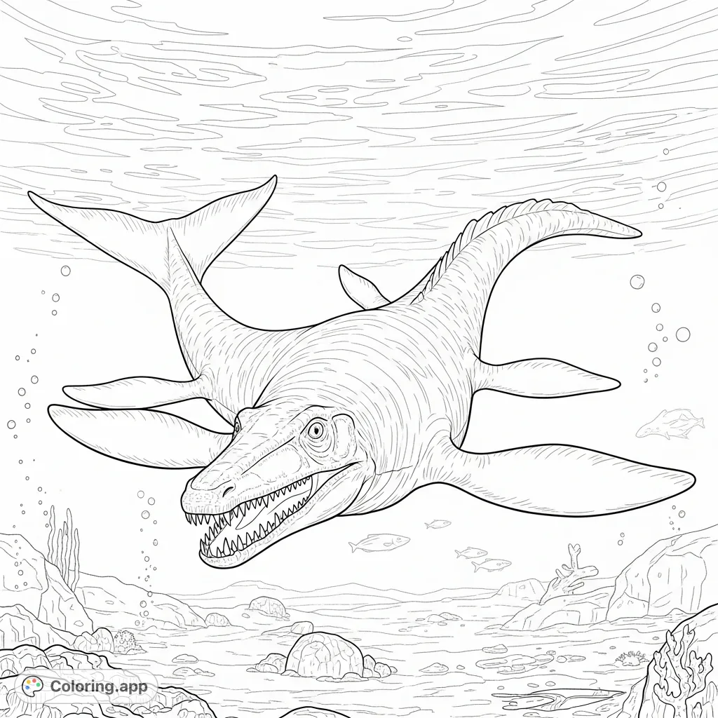 Explore the ancient ocean with a powerful mosasaurus swimming through deep, mysterious waters, surrounded by prehistoric marine life and rocky seabed.