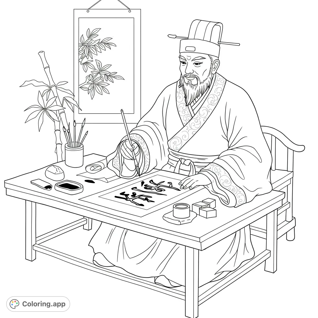 Immerse yourself in ancient art with this Chinese scholar calligraphy coloring page. A free printable design for all ages, perfect for cultural exploration.