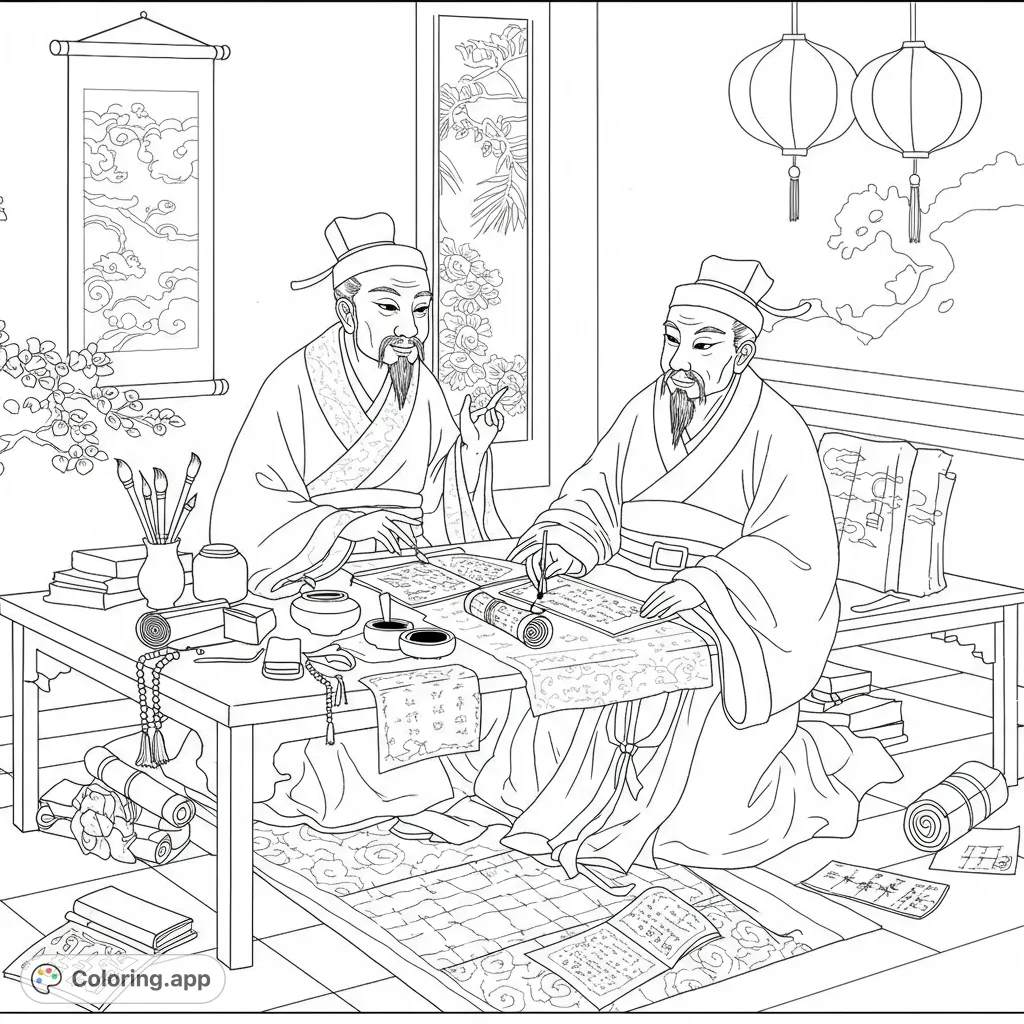 Two ancient Chinese scholars in a detailed study, one writing, surrounded by books, scrolls, and traditional decor. A rich cultural scene.