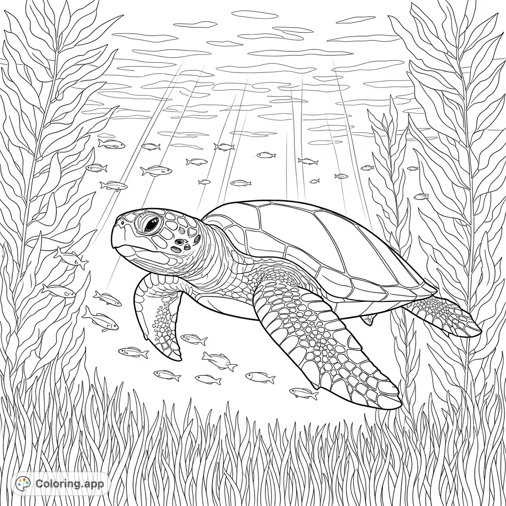 Discover a magnificent sea turtle gracefully navigating a dense kelp forest, surrounded by darting fish and dappled light in this serene underwater scene.