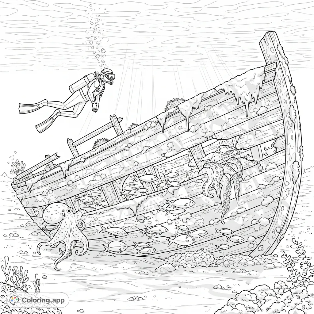 Dive into an epic underwater shipwreck scene featuring a scuba diver, intricate marine life, and filtered sunlight. A captivating underwater adventure awaits your colors!