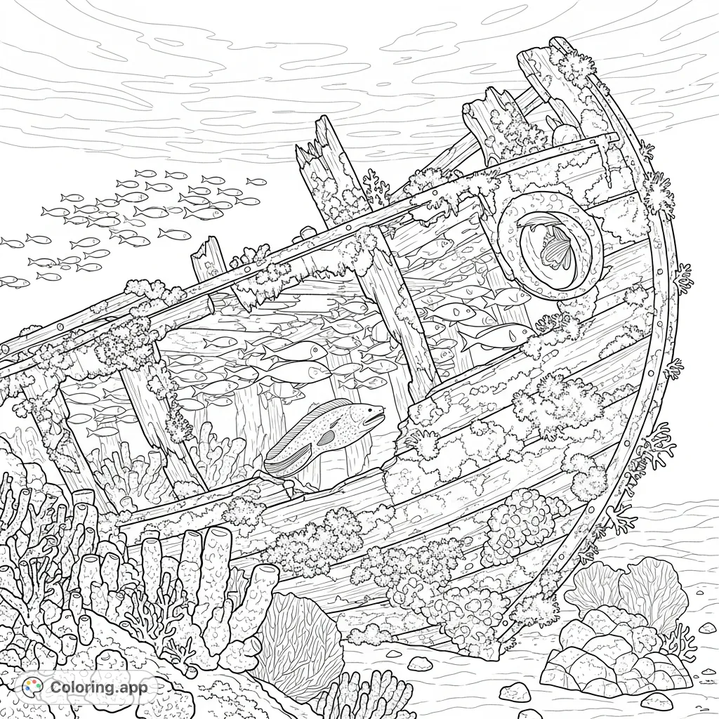 Discover an ancient shipwreck transformed into a vibrant ocean floor reef. Fish weave through the hull, an eel hides, and corals adorn the decaying structure.