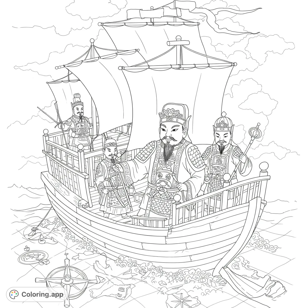 Embark on an ancient voyage coloring page featuring a grand ship with majestic figures, intricate details, and mystical ocean elements. Free printable!