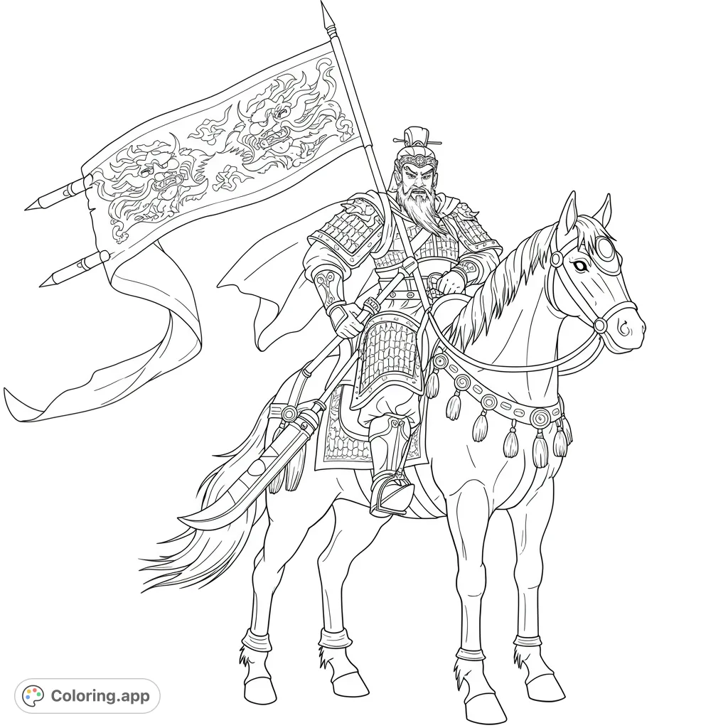 Color an ancient warrior on horseback, holding a majestic dragon flag. Intricate armor and horse details await your creative touch. Free printable coloring page.