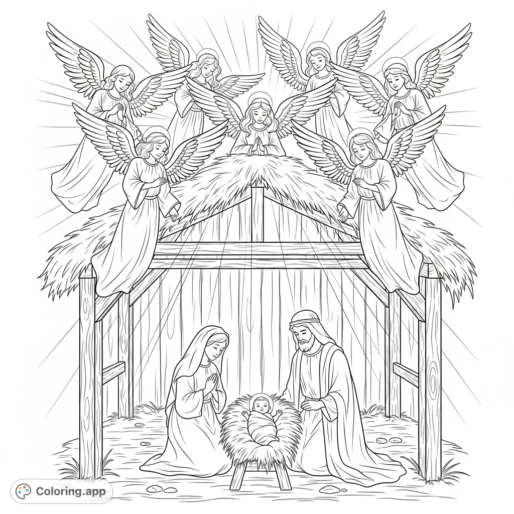 A serene Nativity coloring page featuring a choir of angels hovering above Mary, Joseph, and the infant Jesus in a rustic stable. Perfect for tranquil coloring.
