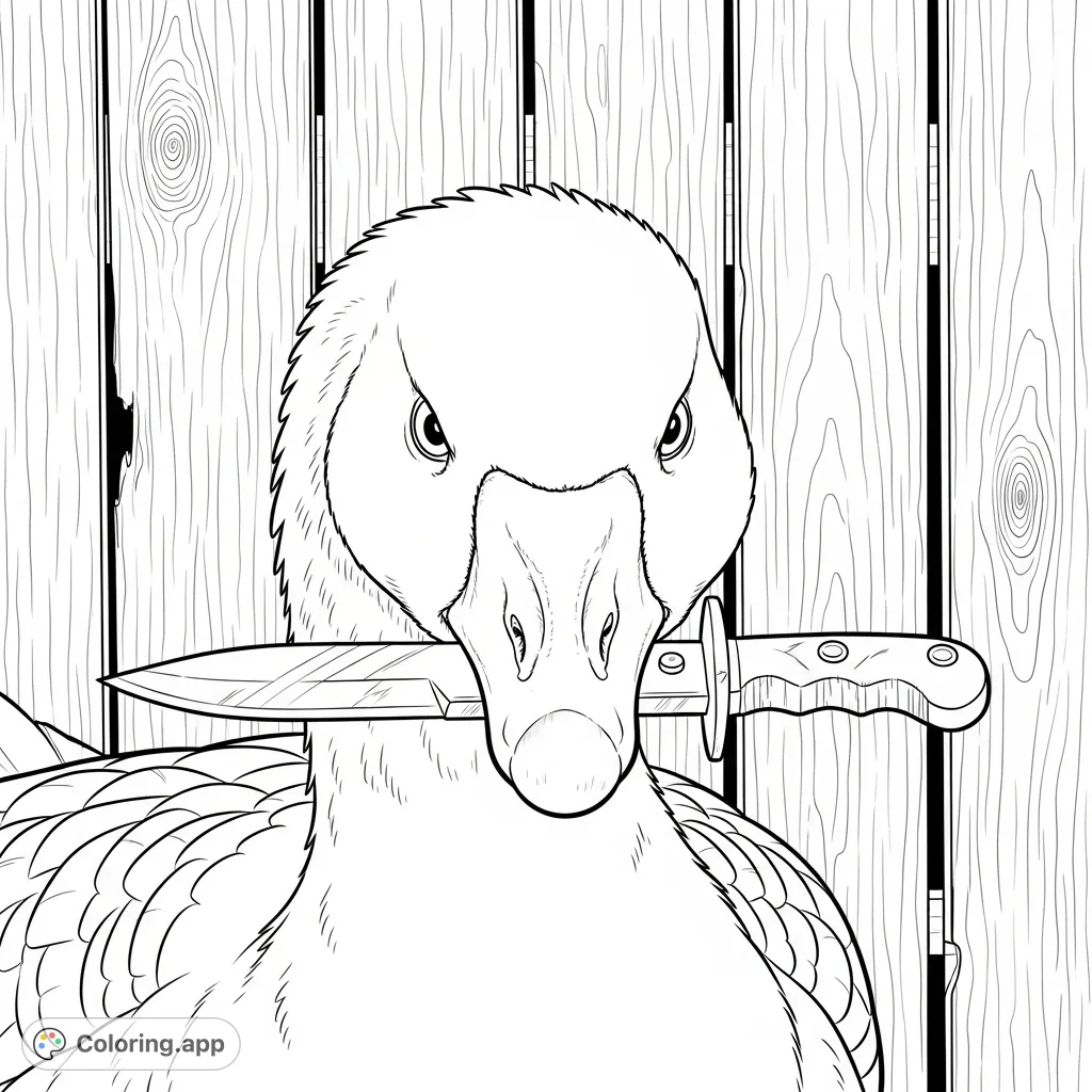 An intense close-up of an angry goose gripping a switchblade in its beak, set against a weathered wooden fence. A unique and edgy coloring challenge.