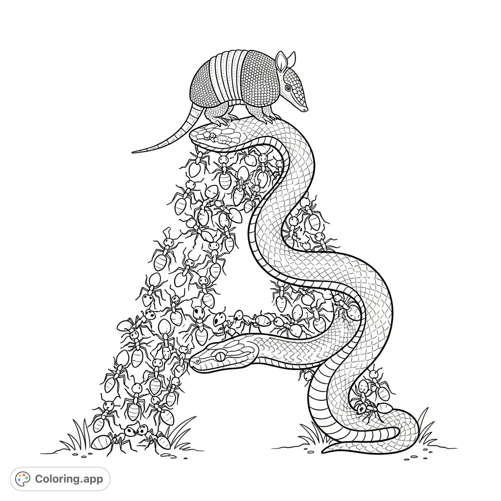 Discover a unique animal alphabet A coloring page. Industrious ants, a coiled anaconda, and a poised armadillo form a captivating letter design.