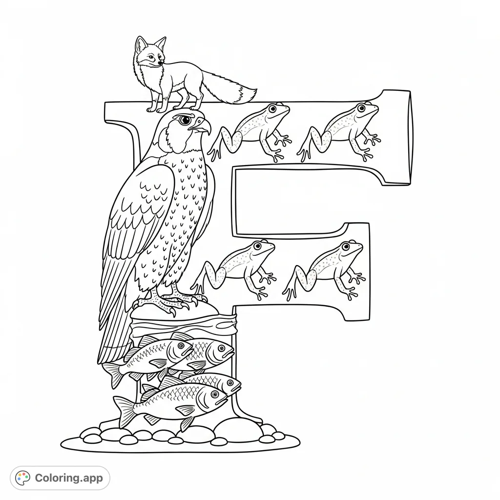 Discover a charming letter F coloring page composed of a falcon, fox, and leaping frogs, with fish in a stream. Perfect for learning and creative fun.