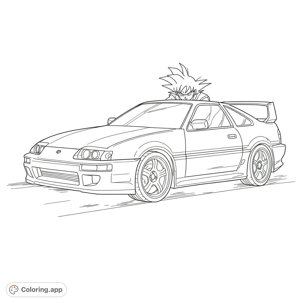 Dynamic sports car with an iconic anime character peeking over the roof. A thrilling scene for car enthusiasts and anime fans to color!