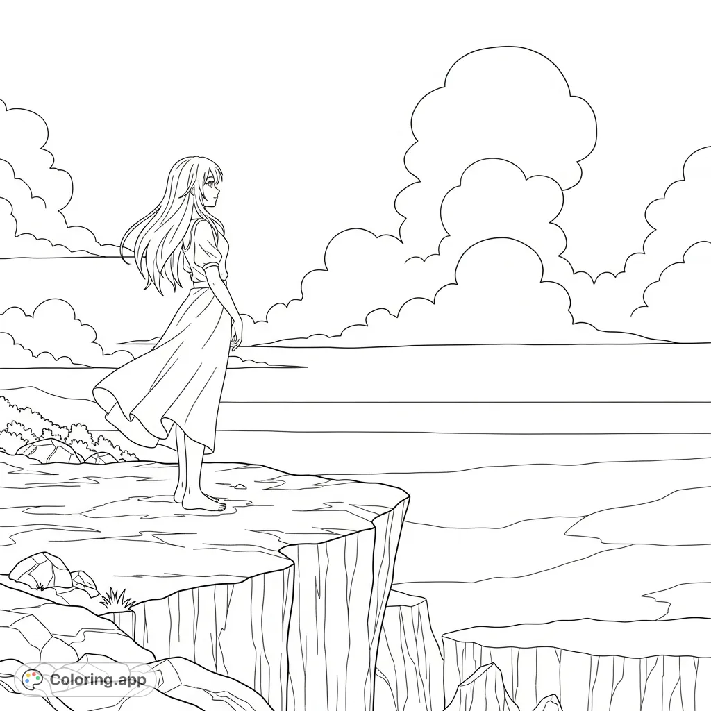 An anime girl stands on a rugged cliff, gazing towards a vast, simplified horizon with large, billowy clouds. A serene and expansive vista awaits your creativity.