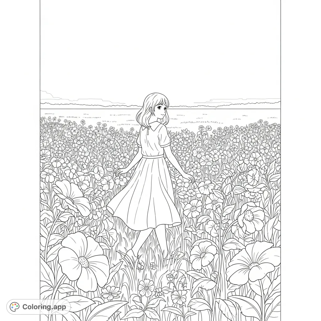 A charming anime girl strolls through a vibrant field of tall, blooming flowers under a clear sky, inviting serene coloring and creative expression.