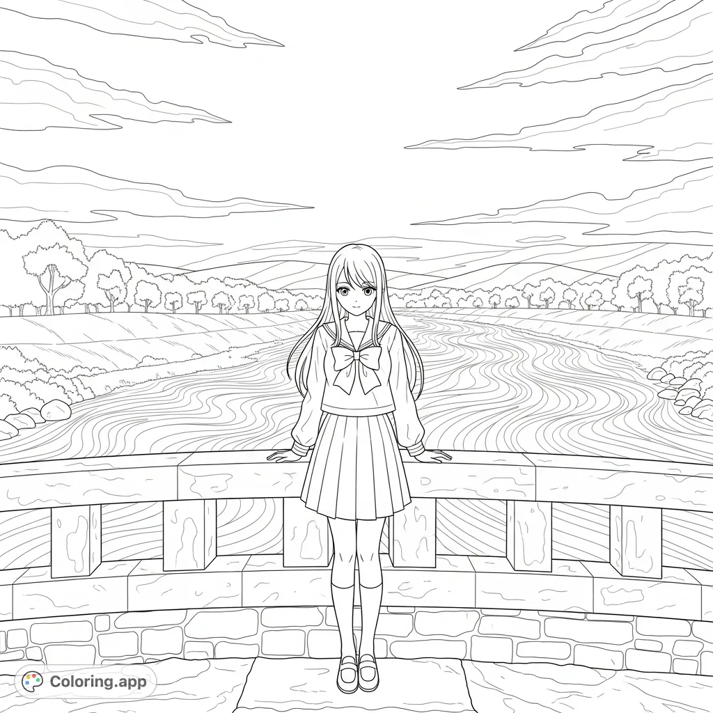 An anime girl on a detailed bridge, gazing at a river with captivating arcing water patterns. A serene landscape unfolds in the background.