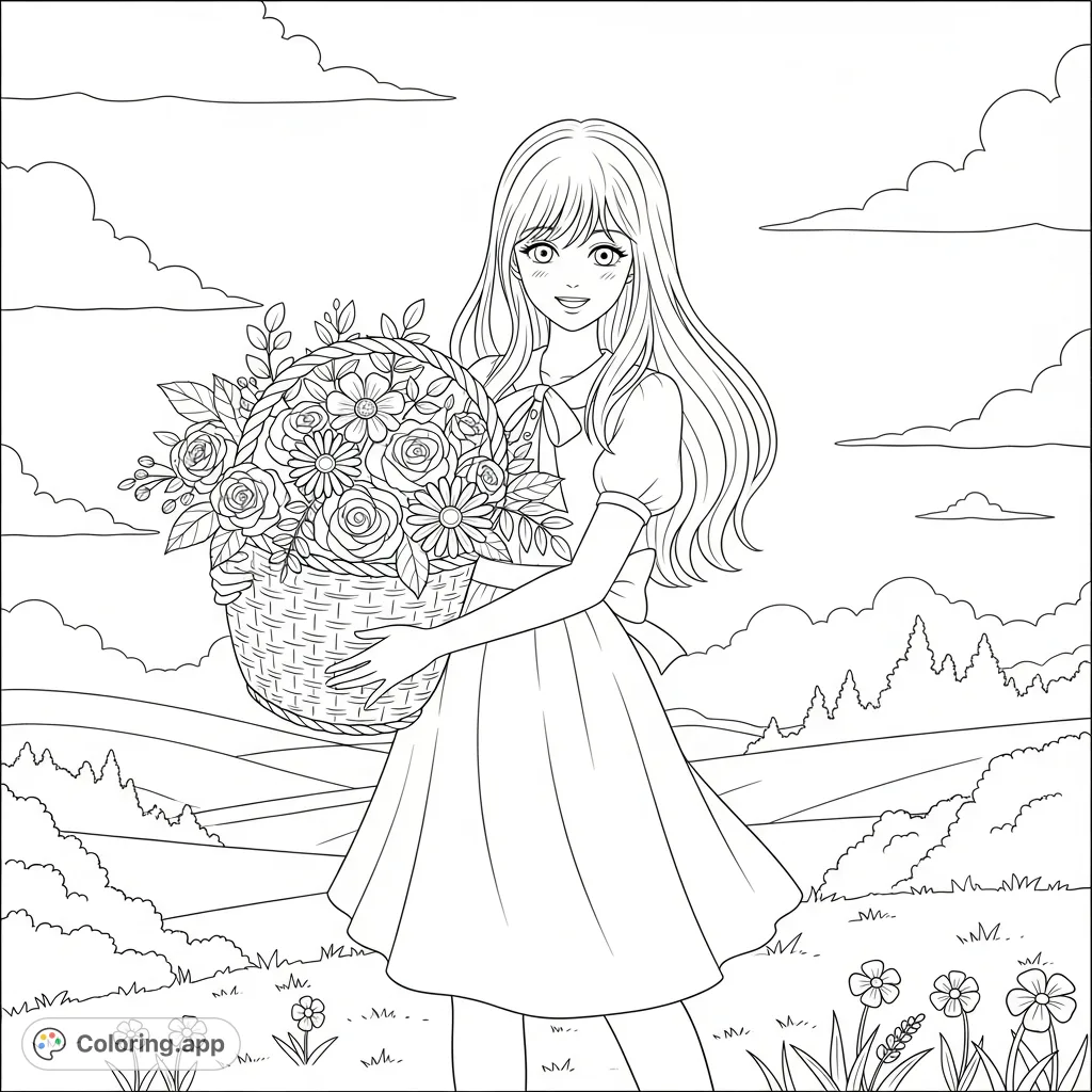A delightful anime girl holds a basket brimming with flowers against a serene countryside backdrop, perfect for imaginative coloring and relaxation.