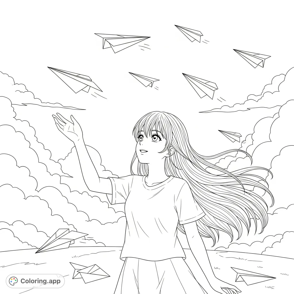 An enchanting anime girl tosses paper airplanes into a cloud-filled sky, her long hair flowing. A whimsical scene perfect for creative coloring.