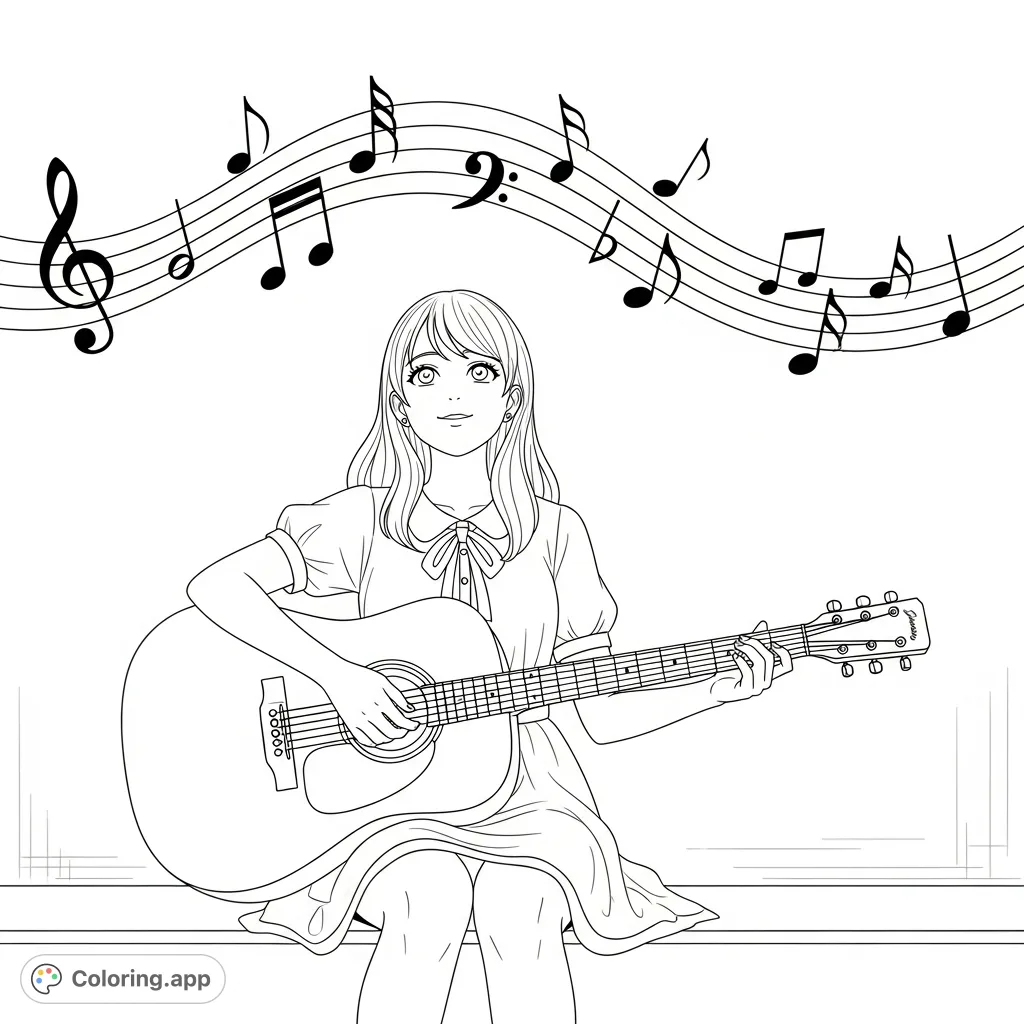 Color a charming anime girl playing an acoustic guitar amidst swirling musical notes. A delightful scene for music lovers and anime fans.