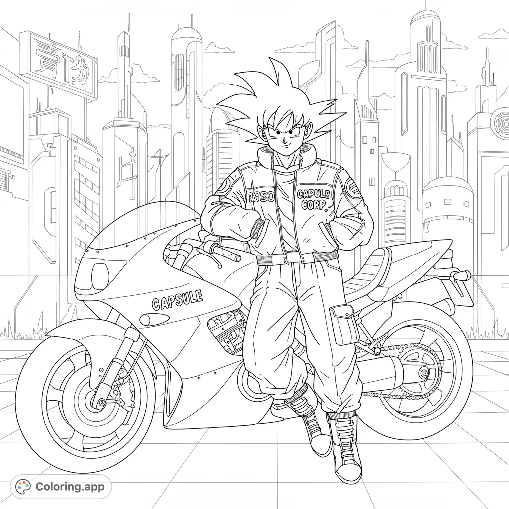 Dynamic anime hero with spiky hair leans on a sleek futuristic motorcycle against a detailed cityscape. A free printable coloring page for fans.