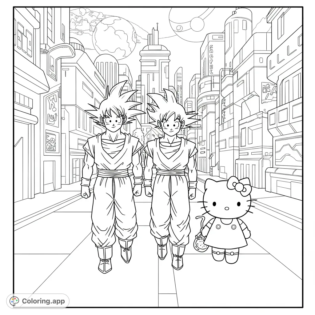 Anime heroes and Hello Kitty explore a vibrant futuristic city street under alien skies. A fun, free printable crossover coloring page for all ages.