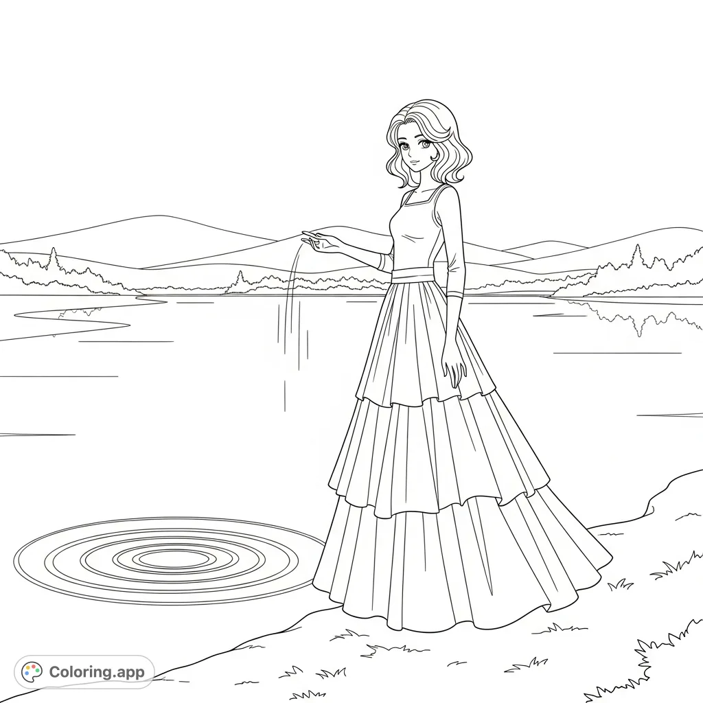 A peaceful anime girl in a flowing skirt stands by a tranquil lake with gentle ripples, inviting a calming coloring experience. Discover serene beauty.