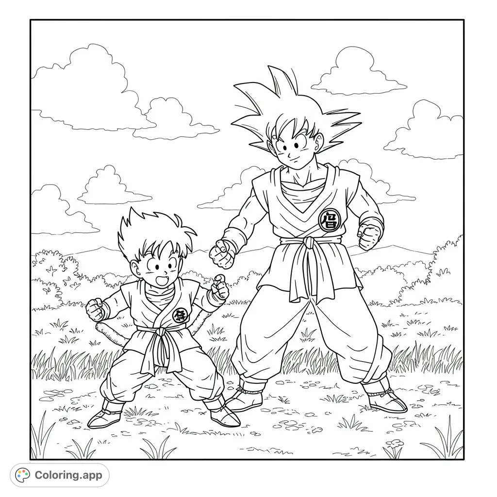 Dynamic anime heroes in martial arts gi, ready for action. A free printable anime coloring page for fans of all ages.