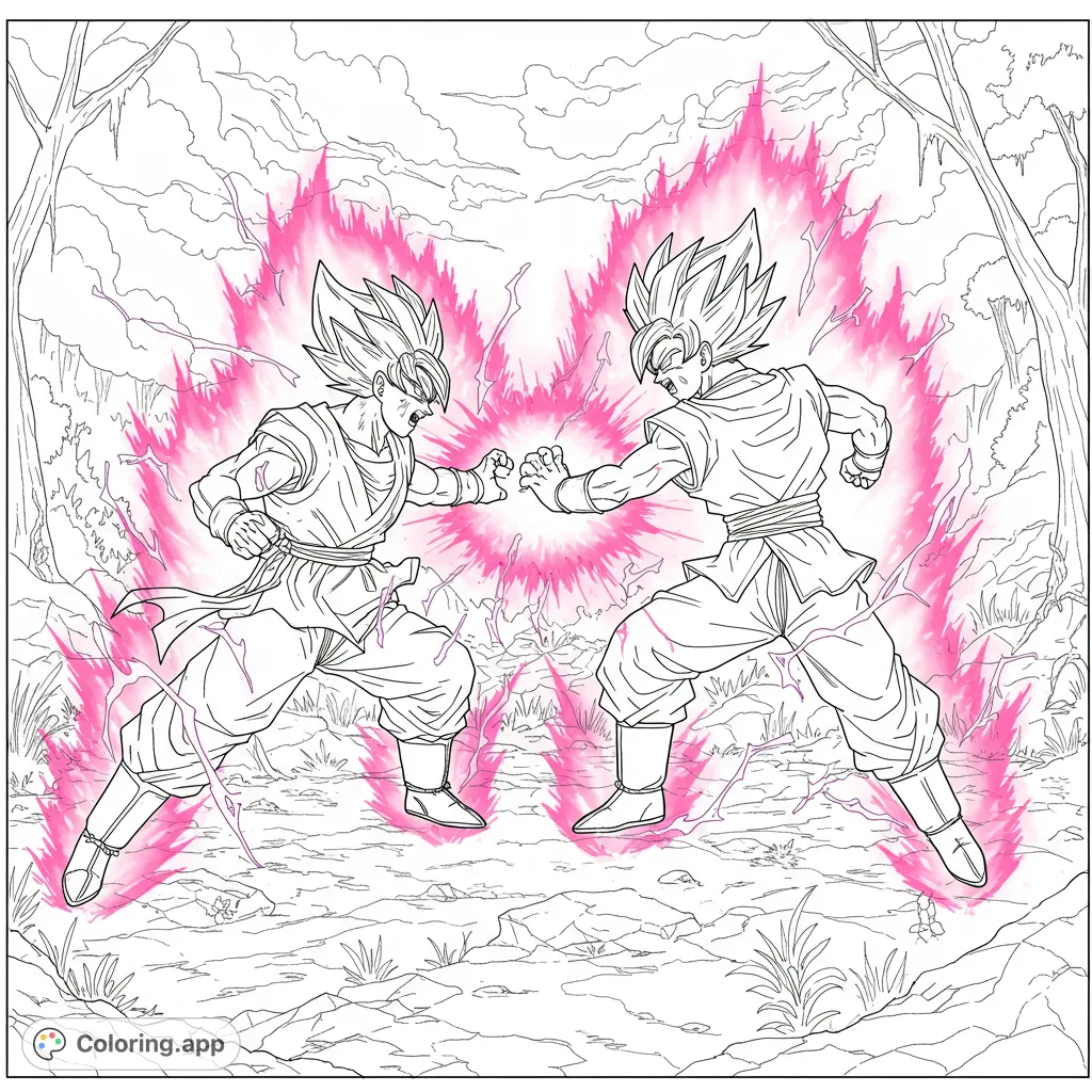 Dynamic anime warrior clash coloring page featuring two powerful figures, spiky hair, and an explosive energy burst. A thrilling free printable for fans!