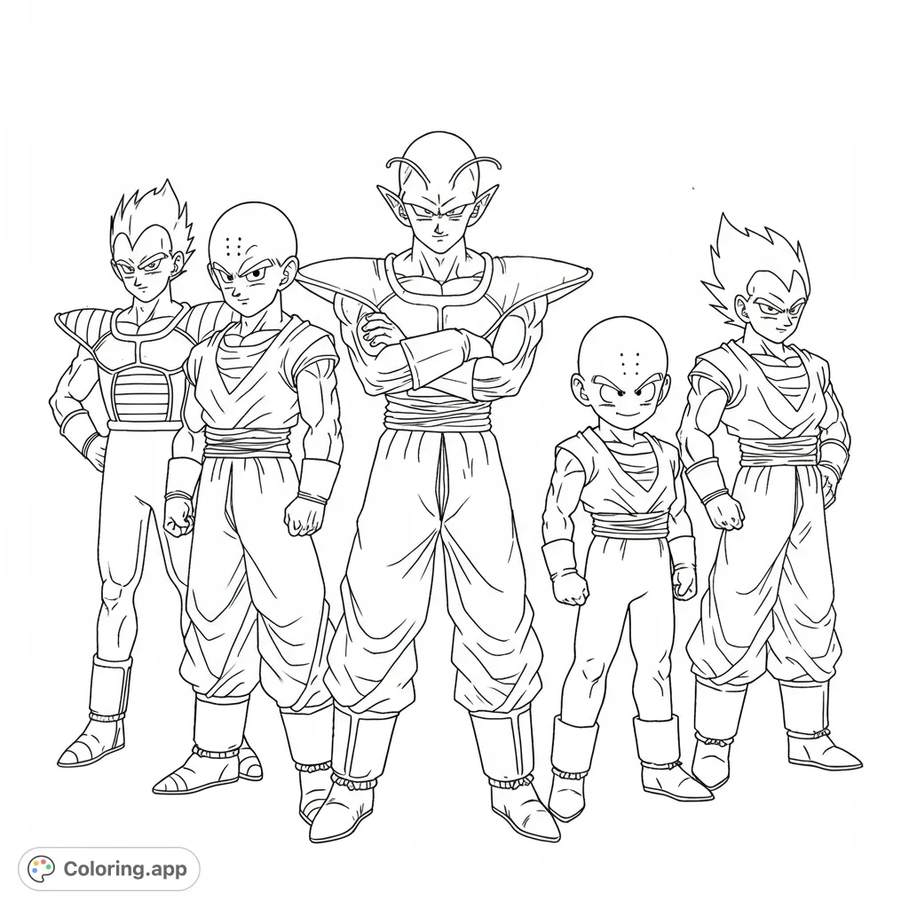 Dynamic anime warriors coloring page featuring five iconic heroes. A free printable coloring page for kids and adults, perfect for fans!