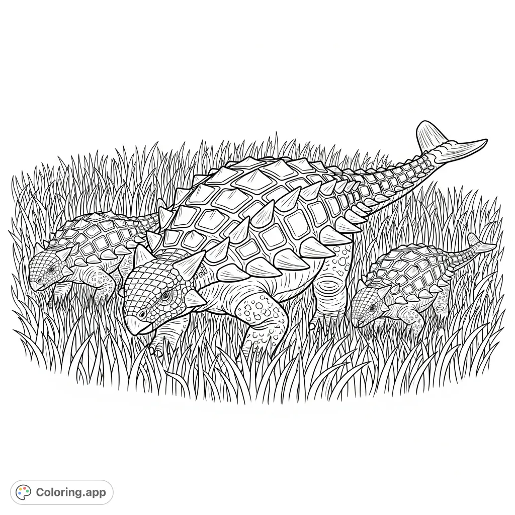 Explore a prehistoric scene with a herd of mighty ankylosaurs traversing tall, dense grasslands. Perfect for dinosaur enthusiasts of all ages.