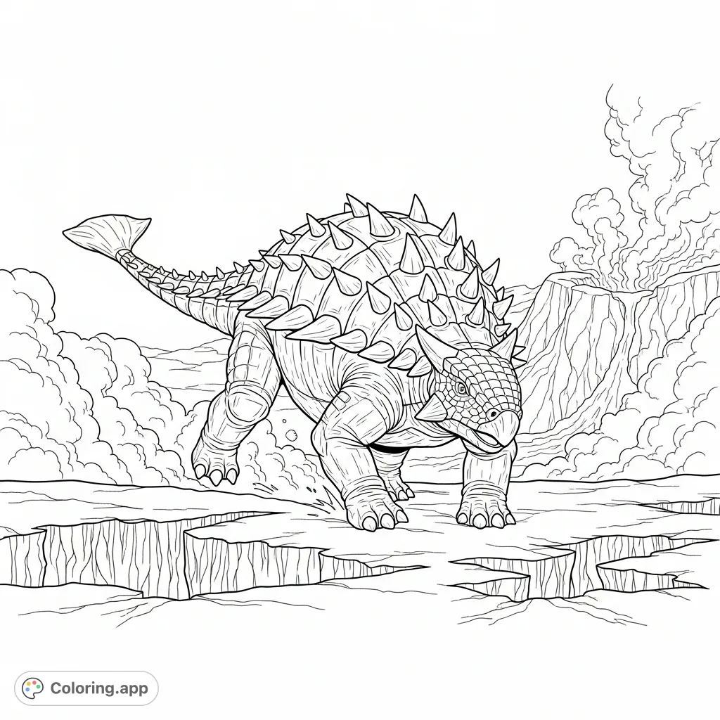 Witness a powerful Ankylosaurus bristling with spikes, charging through a desolate volcanic wasteland with smoke plumes and molten rock in this prehistoric coloring page.