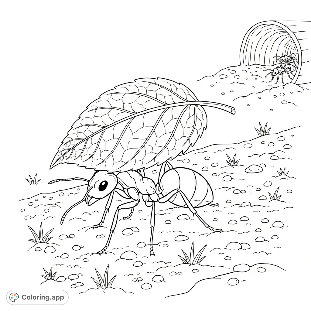 An industrious ant carries a large, detailed leaf across a textured landscape to its colony entrance. A perfect nature scene for all ages.