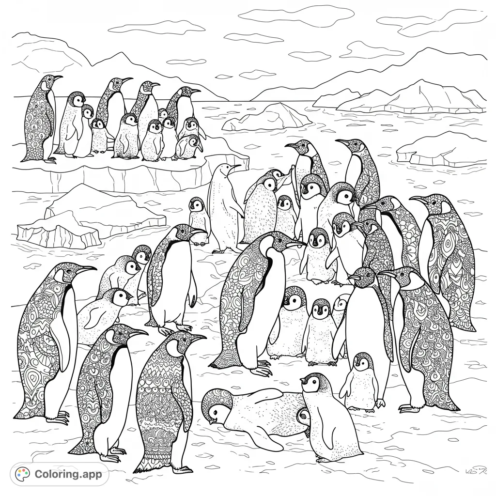An intricate Antarctic penguin colony coloring page featuring adult penguins with detailed patterns and adorable chicks on ice floes. Free printable coloring page.