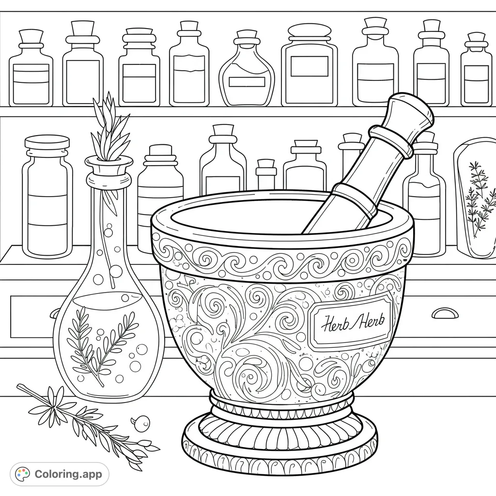 Explore an intricate apothecary scene with a detailed mortar, pestle, and various herb-filled bottles. A free printable herbalist coloring page.