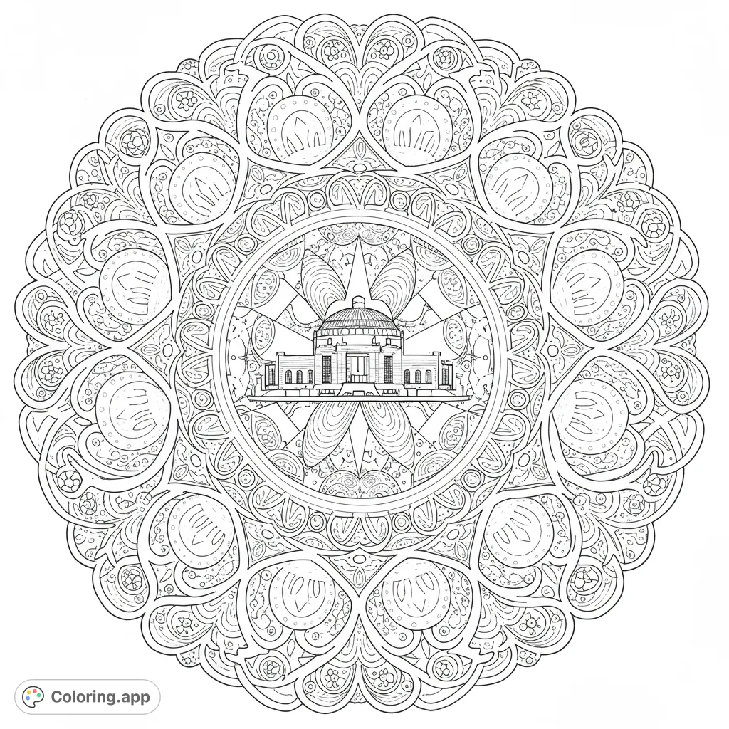 An intricate architectural mandala coloring page featuring a grand domed building at its heart, surrounded by complex, symmetrical patterns. A detailed free printable coloring page for all ages.