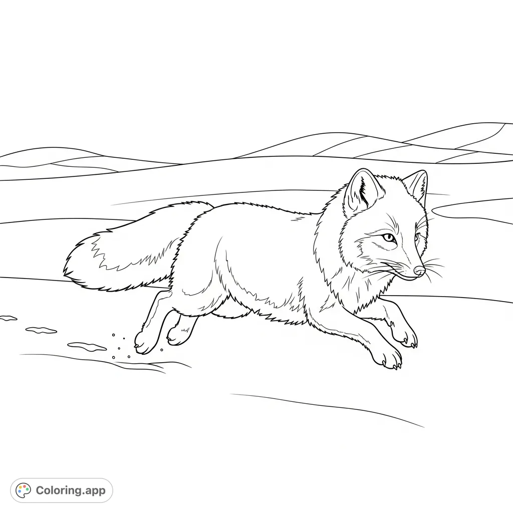 A dynamic coloring page featuring an arctic fox bounding across a pristine, snowy landscape with minimal footprints, capturing its agile movement.