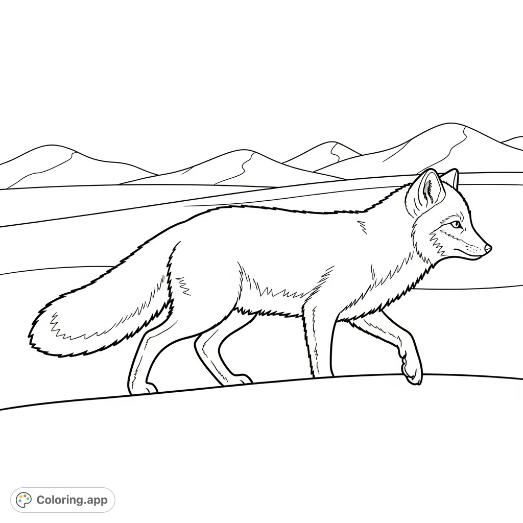 A detailed coloring page featuring an arctic fox mid-stride on snowy ground, with a fluffy tail and faint mountains in the distant background.