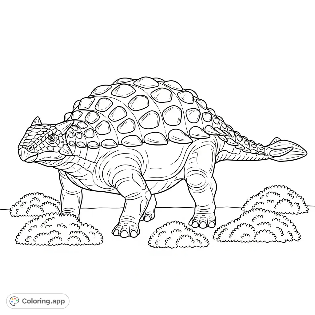 An impressive ankylosaurus, with bold armored plates and a distinctive club tail, stands amidst low shrubs in a prehistoric setting, ready for coloring.