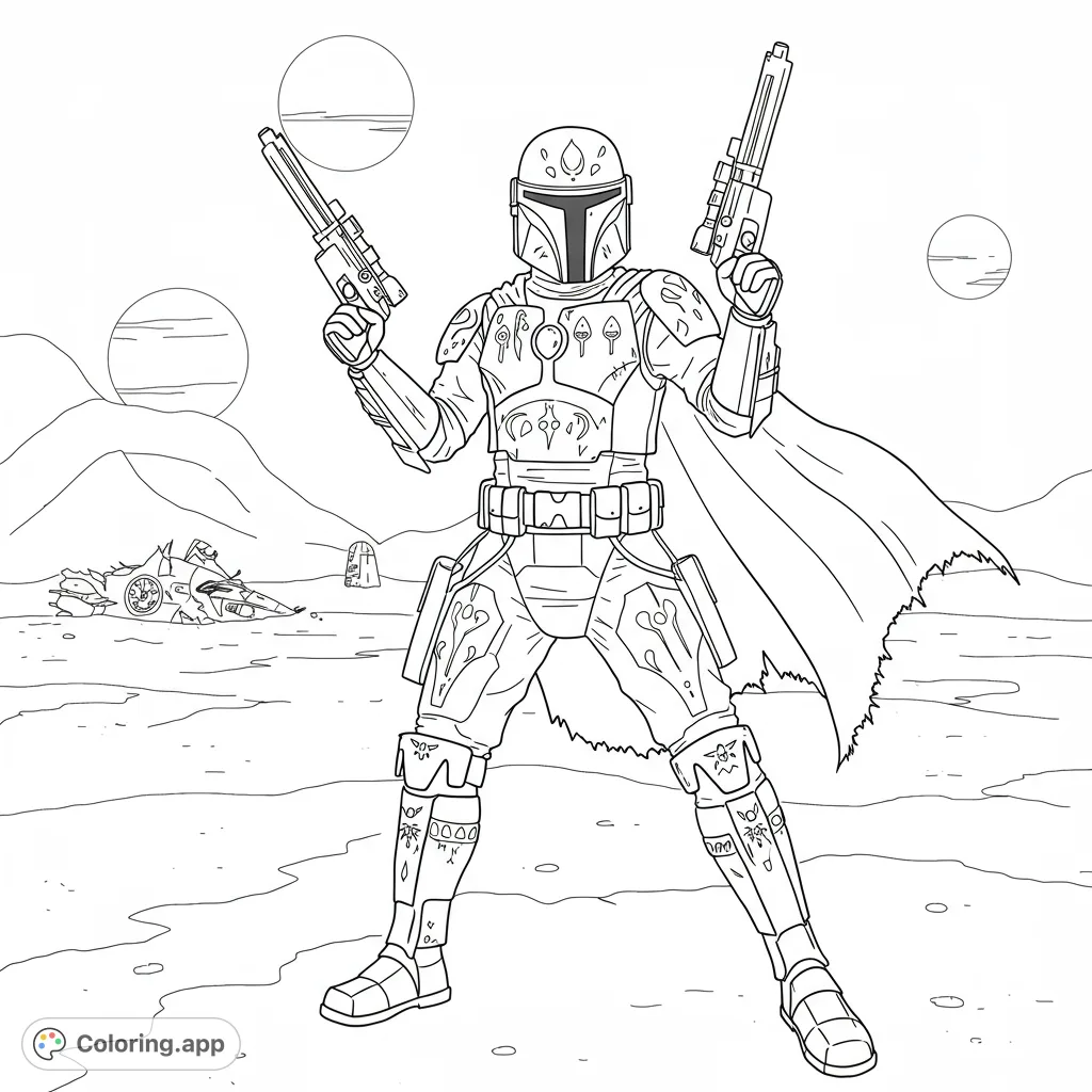 An armored bounty hunter stands ready with dual blasters on an alien planet, featuring a crashed ship and multiple moons. A free printable sci-fi coloring page.