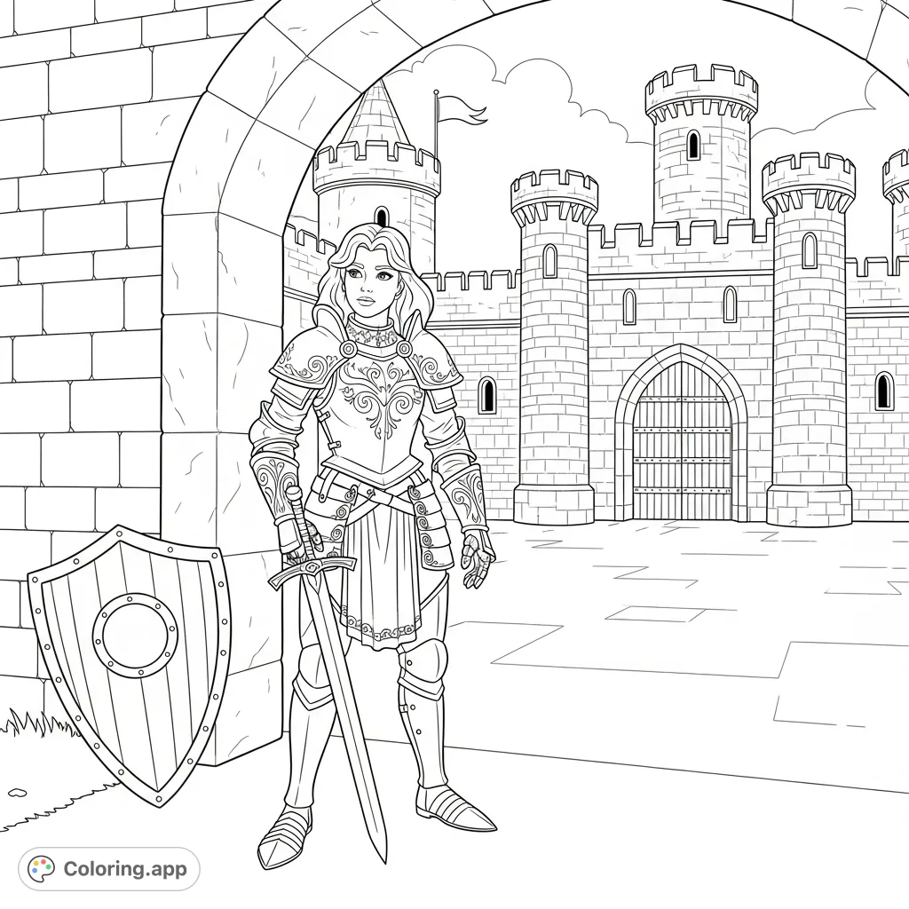 A brave princess stands poised in gleaming armor, a sword at her side, ready to embark on an epic journey from her castle courtyard. A thrilling adventure awaits!