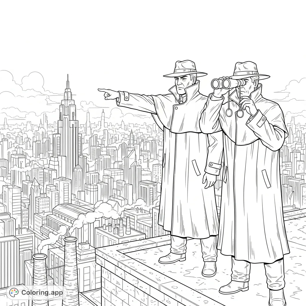 Two cloaked figures survey an intricate art deco cityscape from a grimy rooftop at dawn. Detailed skyscrapers and an industrial district create a scene of mystery.