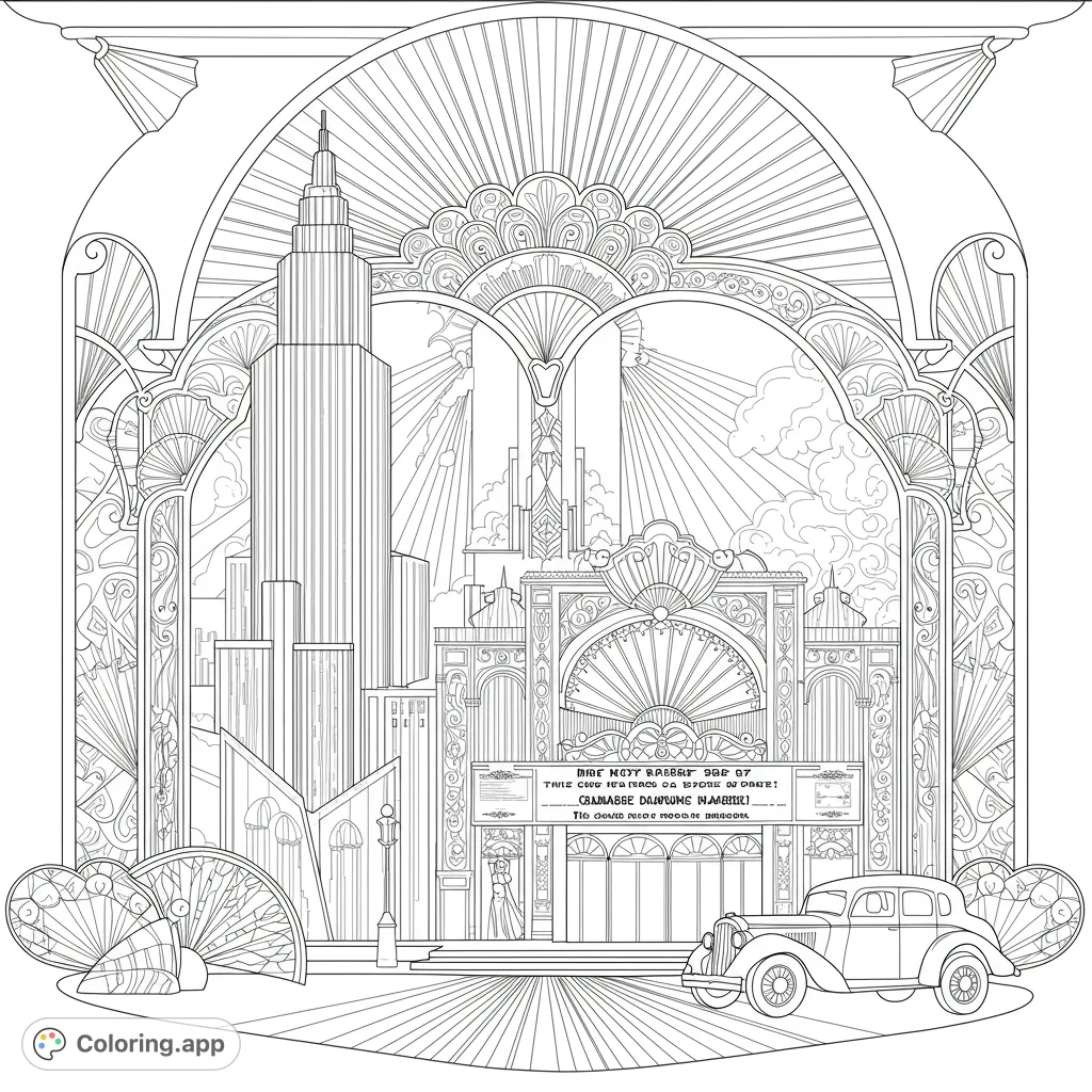 Step into the Roaring Twenties with this intricate Art Deco cityscape coloring page, featuring a grand theater, towering skyscraper, and vintage car.