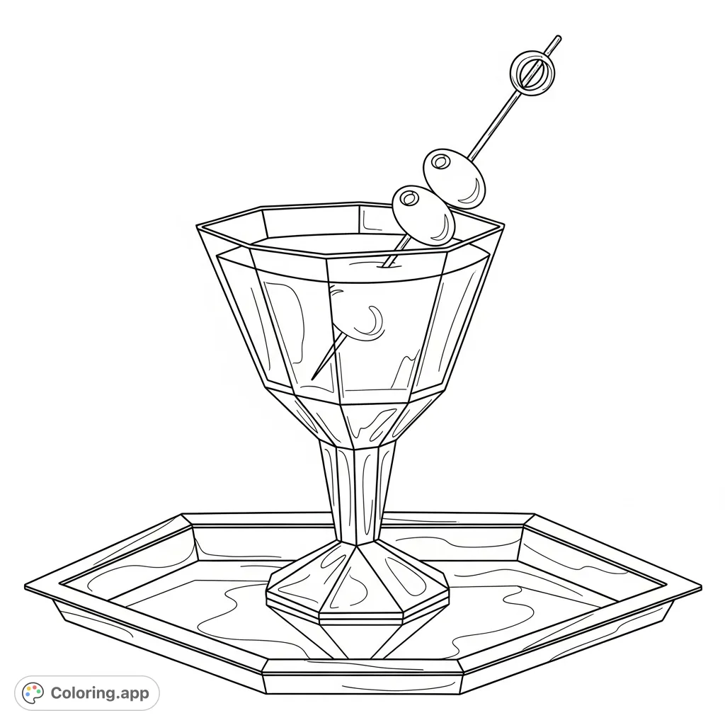 Capture the sophisticated allure of an Art Deco cocktail glass, complete with a faceted design, a drink, and an olive pick, all reflected on a polished tray.