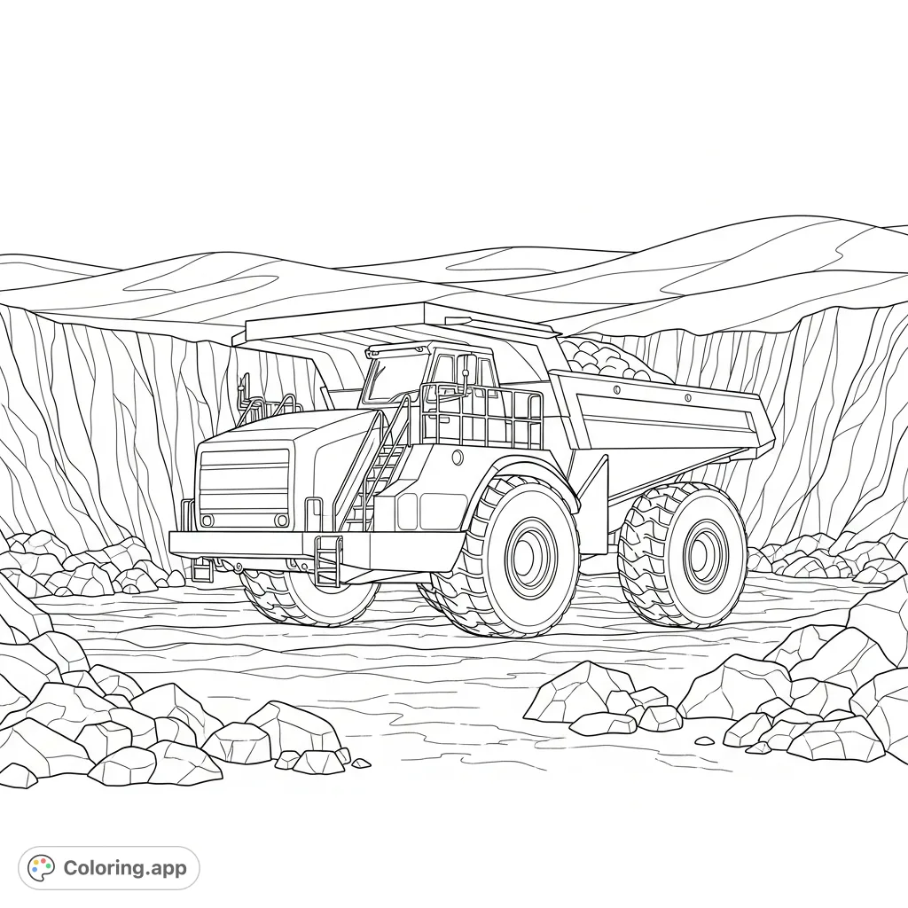 A powerful articulated dump hauler navigates a rugged quarry floor, with gentle rolling hills stretching into the distance. Perfect for vehicle enthusiasts.